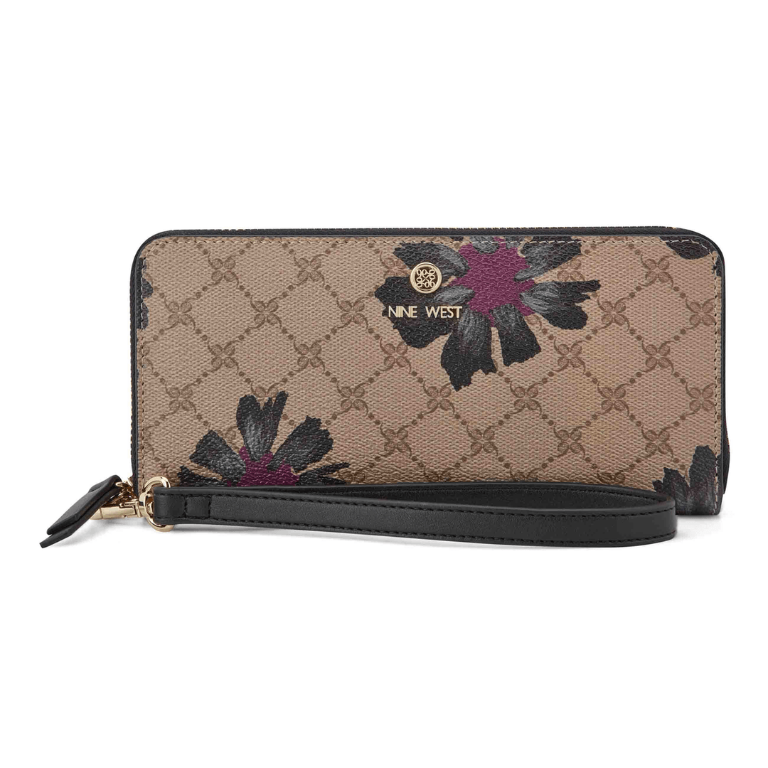 Nine West Lockup 9S Zip Around With Wristlet Floral Logo Black