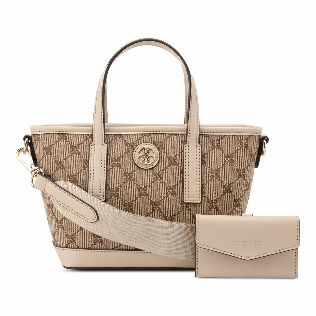 Nine West Avaya Mini Tote Crossbody Mocha Logo/Beige
