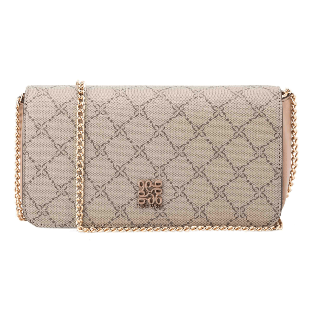 Nine West Anders Phone Chain Crossbody Clutch Beige Logo Blushing