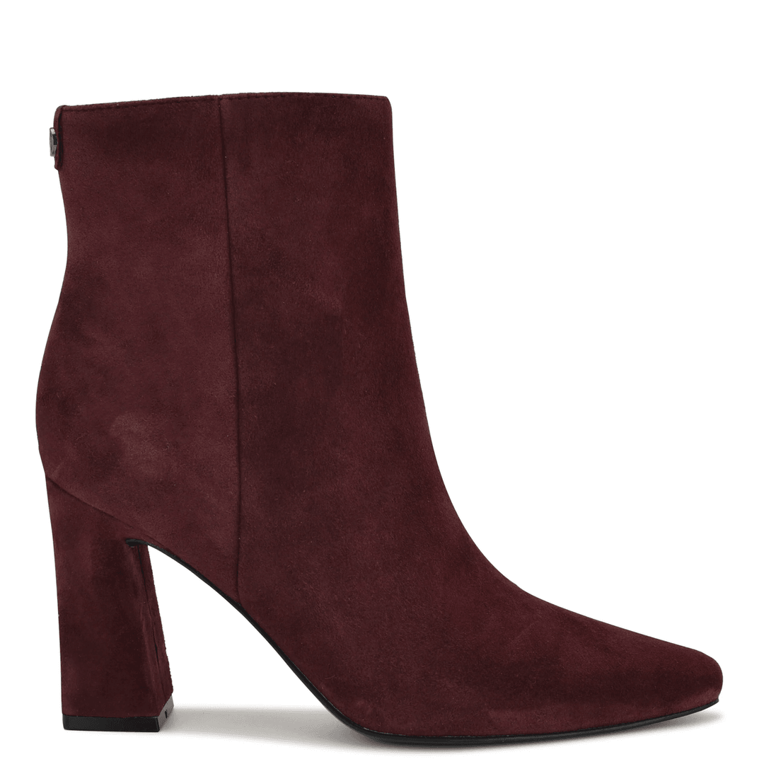 Nine West Reraye Block Heel Ankle Leather Booties Dark Red Suede