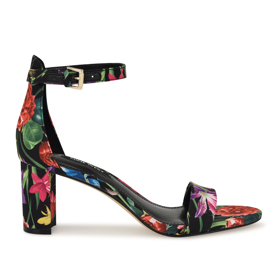 Nine West Pruce Ankle Strap Block Heel Sandals Black Floral