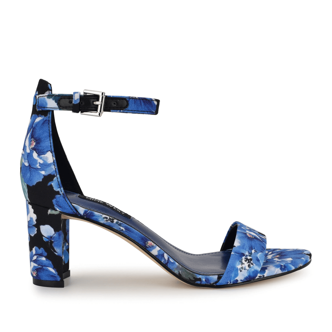 Nine West Pruce Ankle Strap Block Heel Sandals Blue Floral