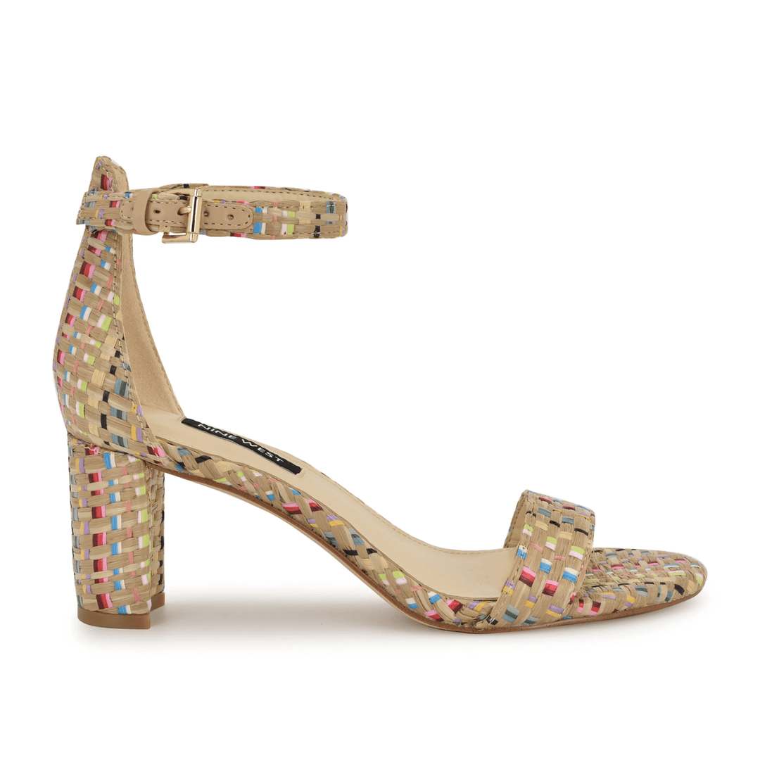 Nine West Pruce Ankle Strap Block Heel Sandals Raffia Multi