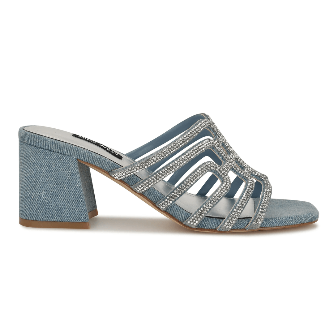 Nine West Grassa Block Heel Embellished Sandals Denim