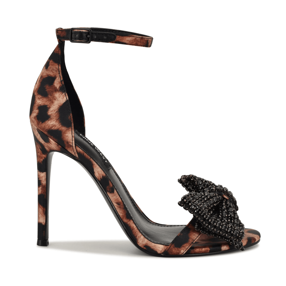 εννέα δυτικά Tansie διακοσμημένα σανδάλια με φιόγκο λεοπάρδαλη εκτύπωση σατέν