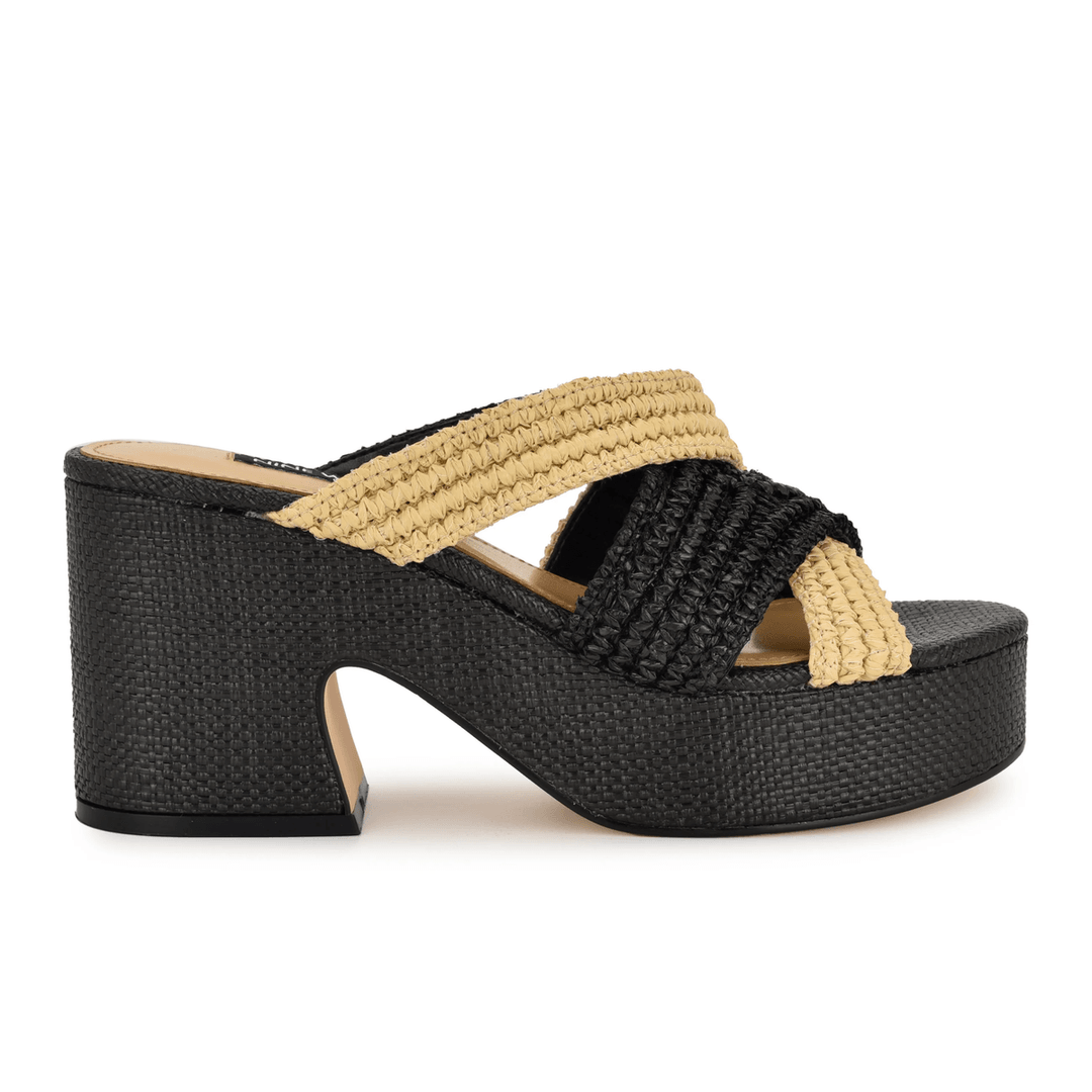 Nine West Bemay Platform Slide Sandals Black/Natural Raffia
