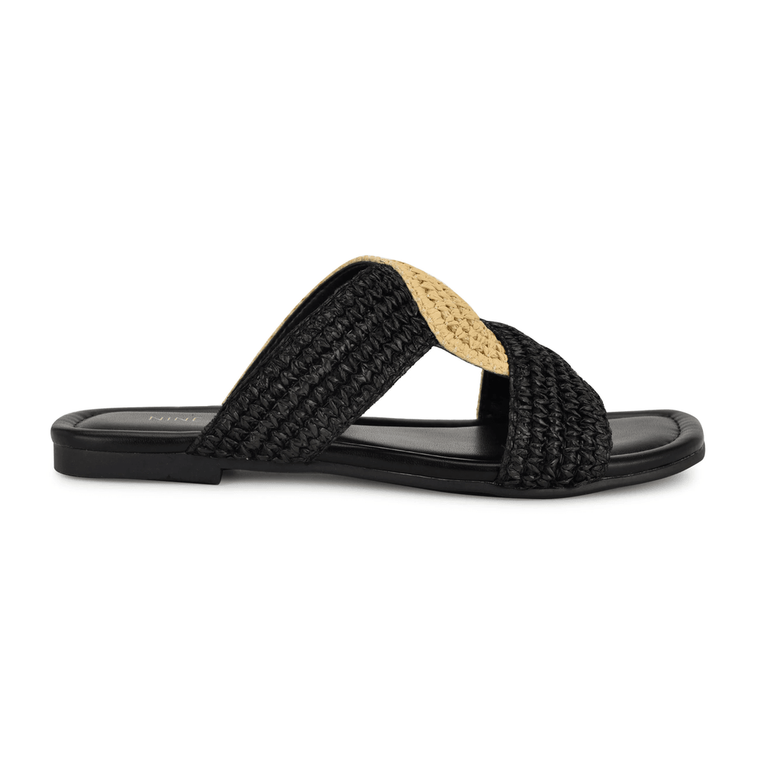 Nine West Quara Flat Sandals Black/Natural Raffia