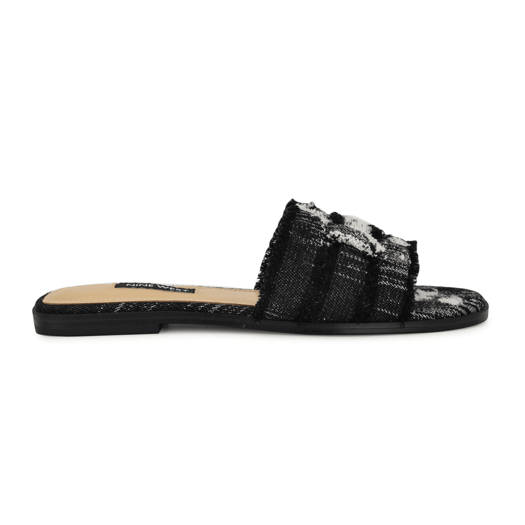 Nine West Germanny Flat Slide Sandals Black Distressed Denim