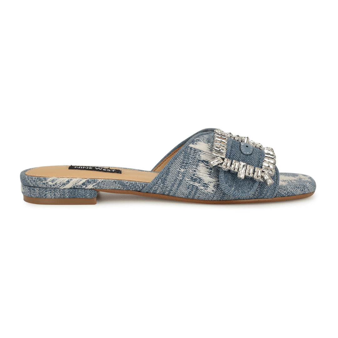 Nine West Laniey Flat Slide Sandals Distressed Denim