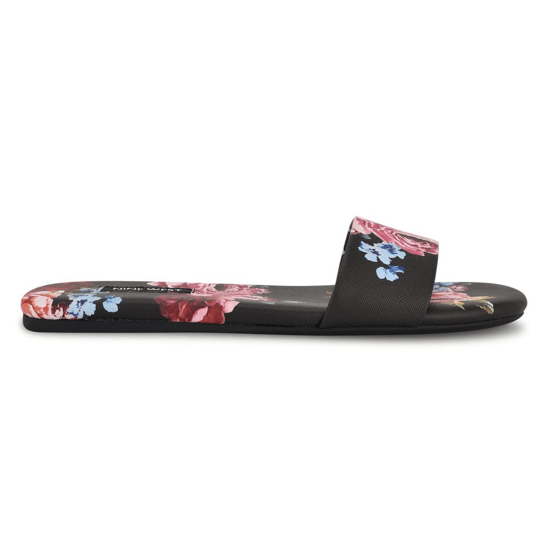 Nine West Lolipop Flat Slide Sandals Black Floral