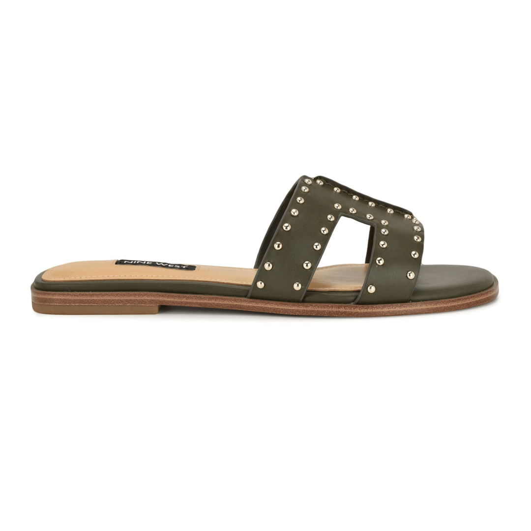 Nine West Giny Slip-On Flat Studded Sandals Olive